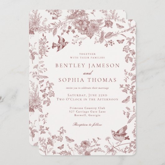 ブルゴーニュ秋トイレデジュイヴィンテージフローラ結婚ズ 招待状 (正面/裏面)