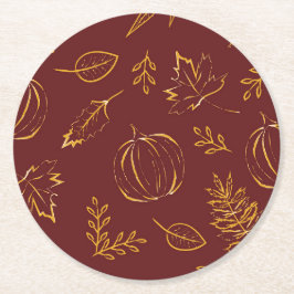 ブルゴーニュ秋パンプキンス&葉感謝祭 ラウンドペーパーコースター