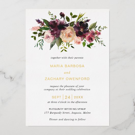 ブルゴーニュ秋フローラエレガントウェディング 箔招待状 (正面)