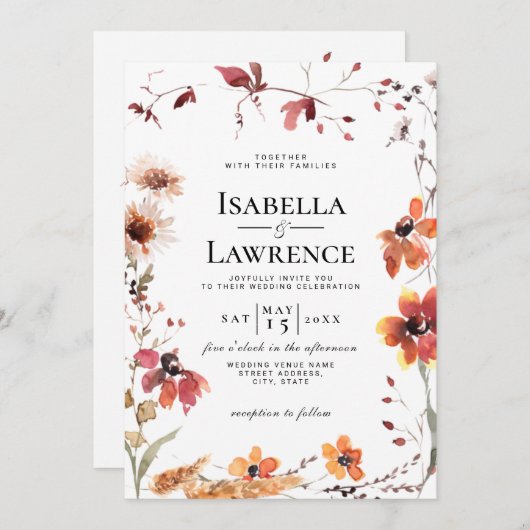 ブルゴーニュ秋フローラ水彩野花結婚の 招待状 (正面/裏面)