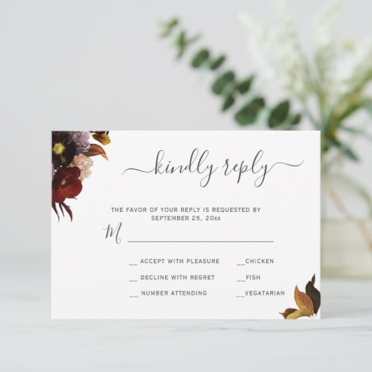 ブルゴーニュ秋フローラ素朴なシックな結婚式RSVPカード 出欠カード (スタンド正面)
