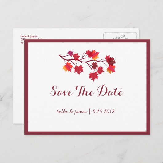 ブルゴーニュ秋リーフウェディング日付ポストカードを保存 案内ポストカード (正面/裏面)