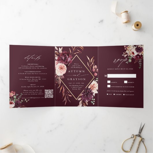 ブルゴーニュ秋ロマンスウォーターの色結婚フローラ 三つ折り招待状 (内部)