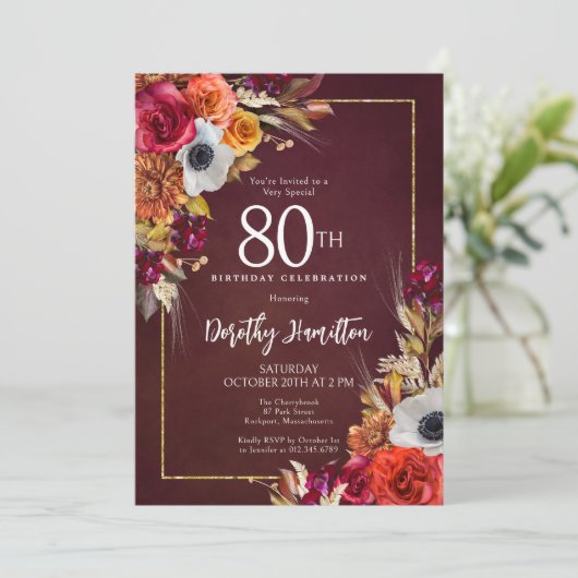 ブルゴーニュ秋花エレガント花台本80誕生日 招待状 (スタンド正面)