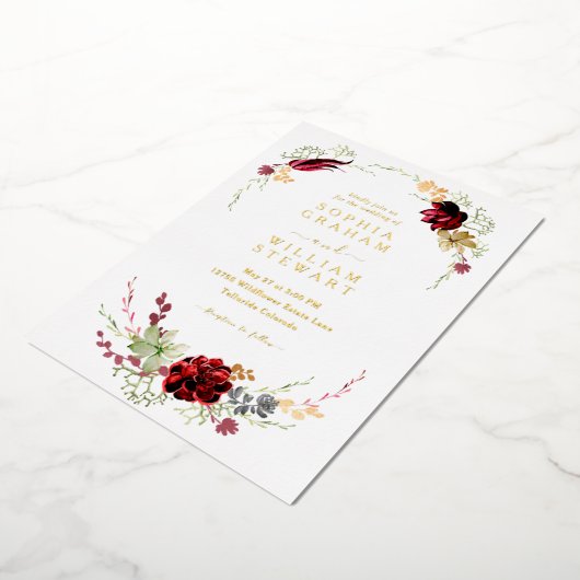 ブルゴーニュ素朴ウォーター色フローラボホ結婚ズ 箔招待状 (回転した状態)