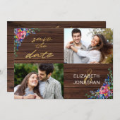 ブルゴーニュ素朴ネイビーブルー金ゴールドウッドフローラ セーブザデート (正面/裏面)