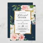 ブルゴーニュ素朴ネイビーブルー&ピンクフローラ金ゴールドフレーム 招待状 (正面/裏面)