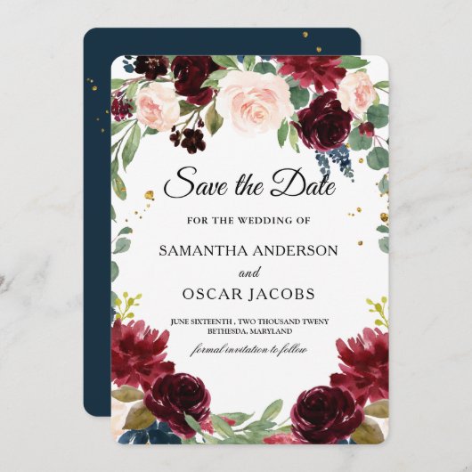 ブルゴーニュ素朴ネイビーブルー&レッドフラワーフレーム セーブザデート (正面/裏面)