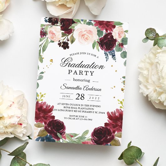 ブルゴーニュ素朴ネイビーブルー&レッドフラワーフレーム 招待状