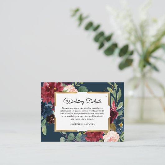 ブルゴーニュ素朴ネイビーブルー&レッドフローラ金ゴールドフレーム エンクロージャーカード (スタンド正面)