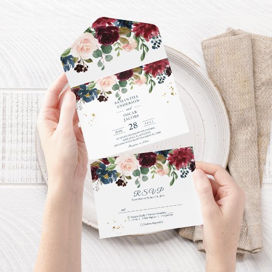ブルゴーニュ素朴ネイビーブルー&レッド美しい花 オールインワン招待状