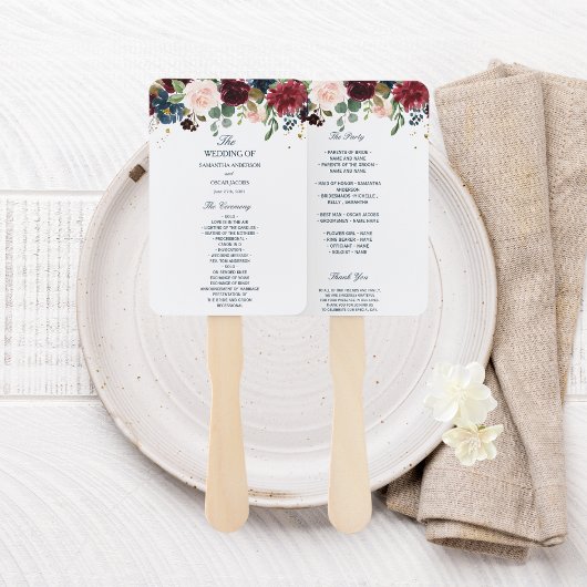 ブルゴーニュ素朴ネイビーブルー&レッド美しい花 ハンドファン