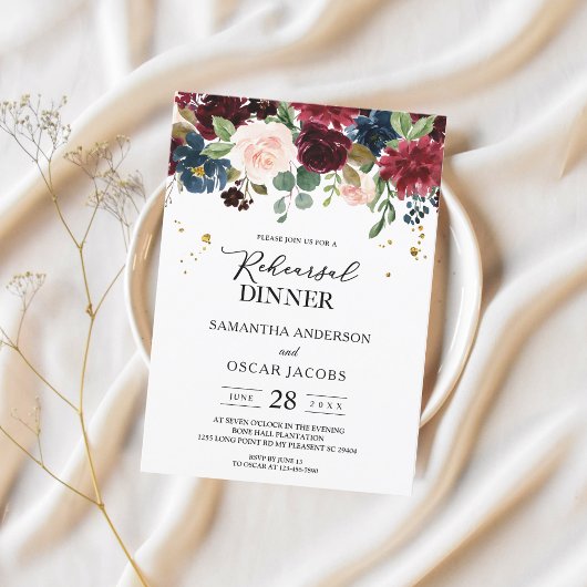 ブルゴーニュ素朴ネイビーブルー&レッド美しい花 招待状