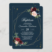 ブルゴーニュ素朴ネイビーブルー&レッド金ゴールド花フレーム 招待状 (正面/裏面)