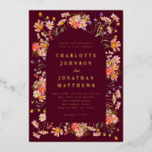 ブルゴーニュ素朴フローラアーチ秋の結婚式金ゴールド 箔招待状 (正面)