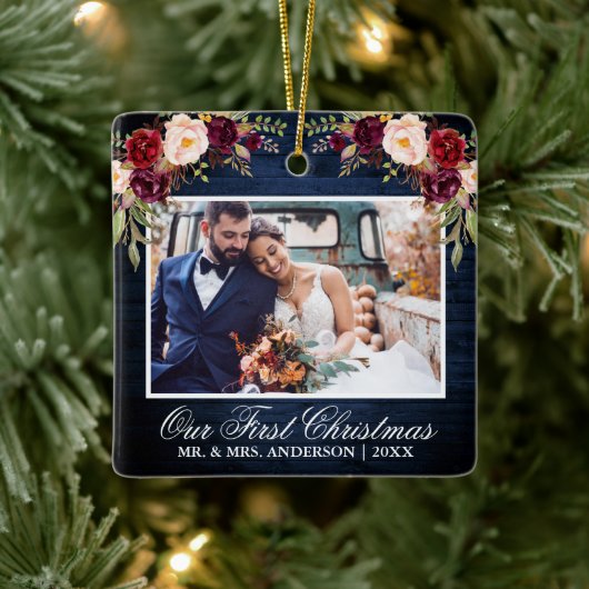 ブルゴーニュ素朴フローラブルーウッド初めてのクリスマス セラミックオーナメント (ツリー)