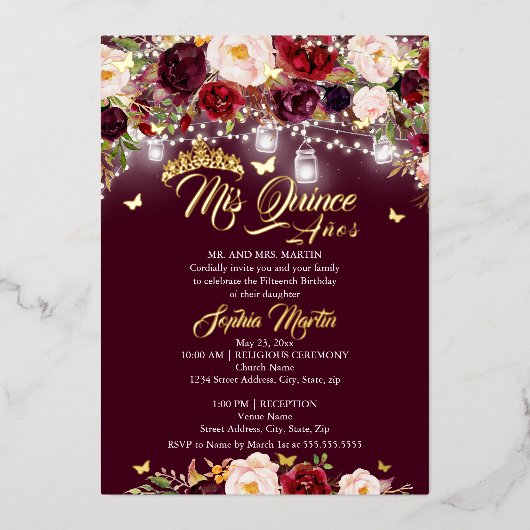 ブルゴーニュ素朴フローラ蝶キンセアニェラ 箔招待状 (正面)