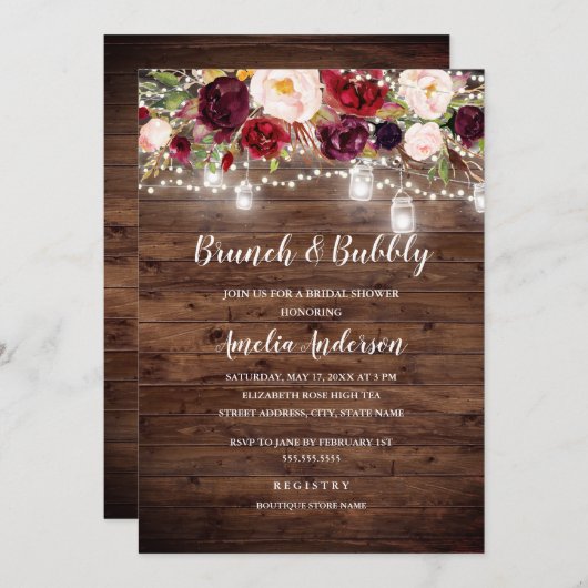 ブルゴーニュ素朴ーのフローラライトブランチと泡立ち 招待状 (正面/裏面)