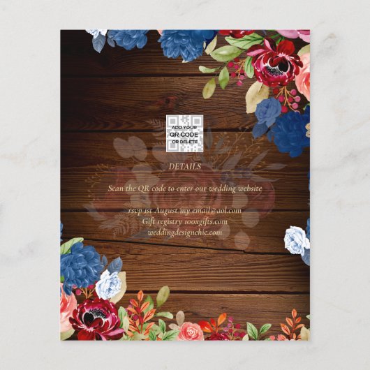 ブルゴーニュ素朴ーのブルーフローラ結婚式の日付を保存 (裏面)