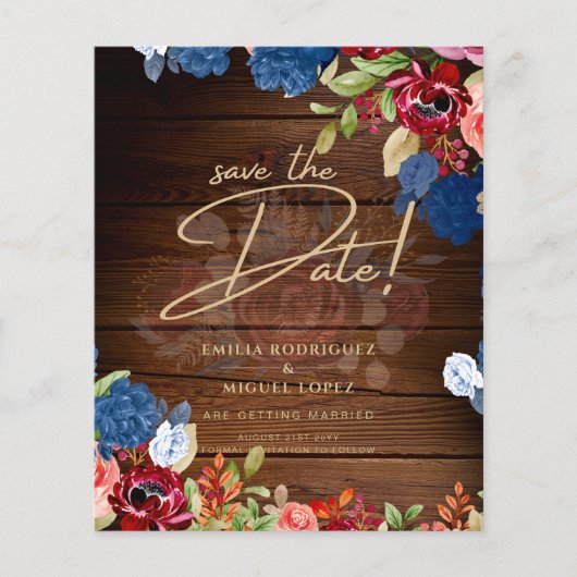 ブルゴーニュ素朴ーのブルーフローラ結婚式の日付を保存 (正面)