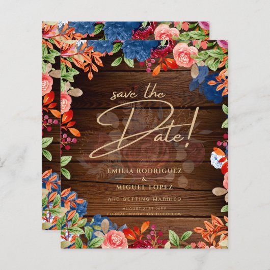 ブルゴーニュ素朴ーのブルーフローラ結婚式の日付を保存 (正面/裏面)