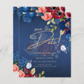 ブルゴーニュ素朴ーのブルーフローラ結婚式の日付を保存 (正面/裏面)