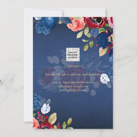 ブルゴーニュ素朴ーのブルーフローラ結婚式の日付を保存 招待状 (裏面)