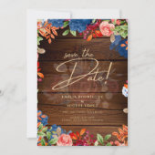 ブルゴーニュ素朴ーのブルーフローラ結婚式の日付を保存 招待状 (正面)