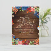 ブルゴーニュ素朴ーのブルーフローラ結婚式の日付を保存 招待状 (スタンド正面)