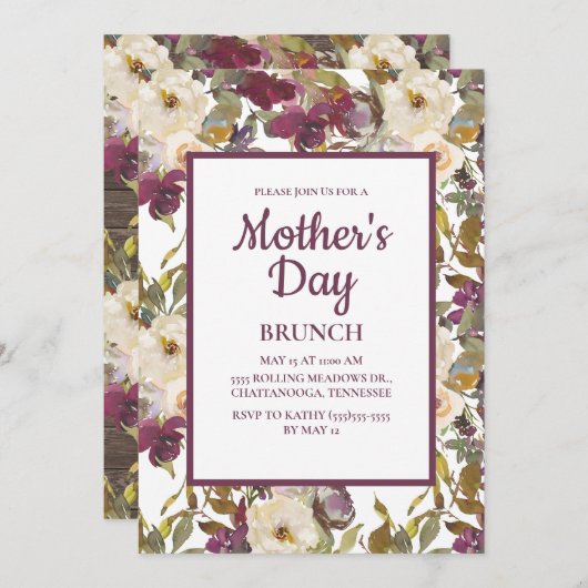 ブルゴーニュ素朴ーアイボリークリームフローラ母の日 招待状 (正面/裏面)
