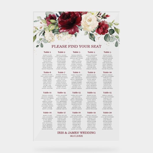 ブルゴーニュ素朴ーアイボリーホワイトフローラ結婚ズ・シーティング アクリルサイン (正面)