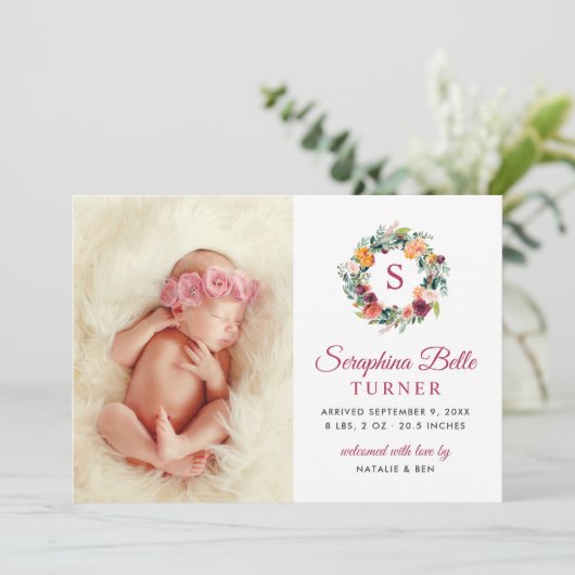 ブルゴーニュ素朴ーフローラリースモノグラムフォト誕生 案内状 (スタンド正面)