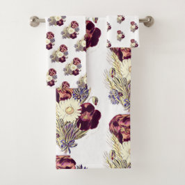 ブルゴーニュ素朴ーホワイトブルーフラワーブーケフローラ バスタオルセット