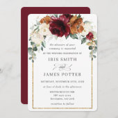 ブルゴーニュ素朴ー焦げオレンジアイボリーフローラ結婚ズ 招待状 (正面/裏面)