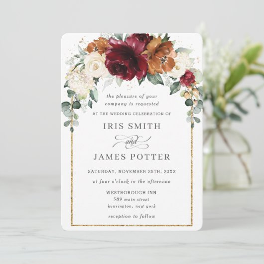 ブルゴーニュ素朴ー焦げオレンジアイボリーフローラ結婚ズ 招待状 (スタンド正面)