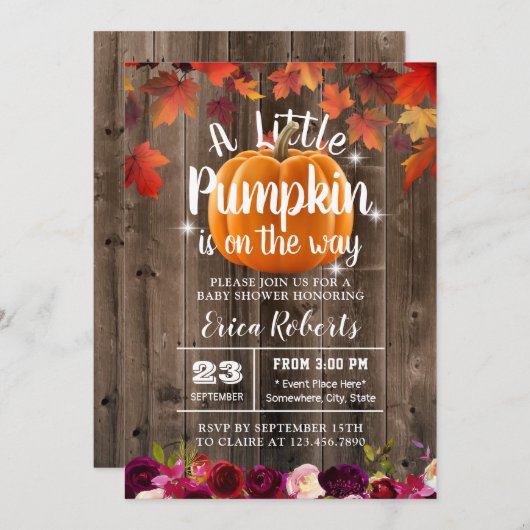 ブルゴーニュ素朴ー秋の小さなかぼちゃの赤ちゃんシャワー 招待状 (正面/裏面)