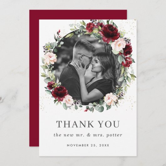 ブルゴーニュ素朴ー赤面ピンク結婚フローラの写真 サンキューカード (正面/裏面)