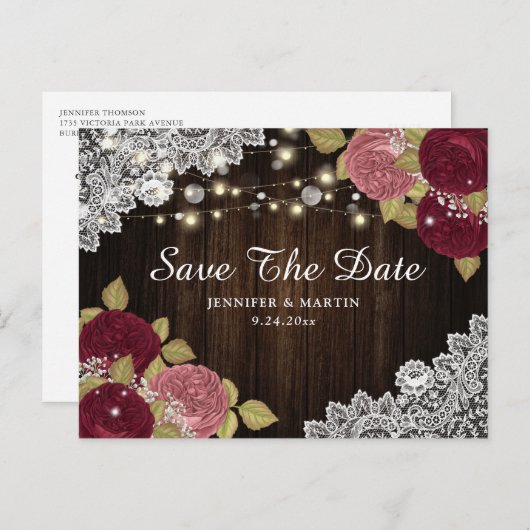 ブルゴーニュ素朴ー赤面フローラ結婚式の日付を保存 案内ポストカード (正面/裏面)