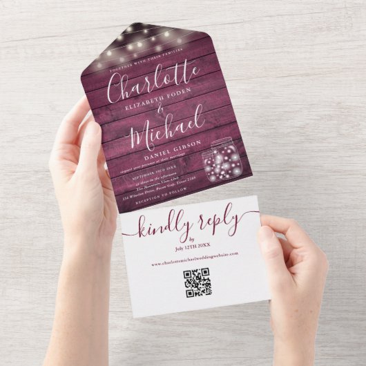 ブルゴーニュ素朴ーQRコードMason Jars Lights 結婚's オールインワン招待状 (貼ってはがせる)