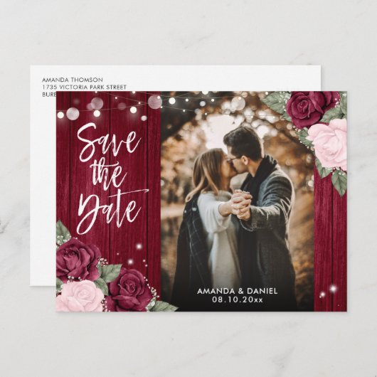 ブルゴーニュ素朴赤面結婚の写真Save The Date 案内ポストカード (正面/裏面)