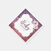 ブルゴーニュ紫のグリッターとフローラの赤ちゃんシャワー スタンダードカクテルナプキン (角)