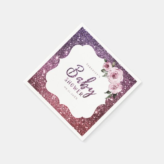 ブルゴーニュ紫のグリッターとフローラの赤ちゃんシャワー スタンダードカクテルナプキン (角)