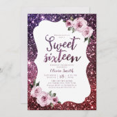 ブルゴーニュ紫のグリッターフローラ甘い16誕生日 招待状 (正面/裏面)