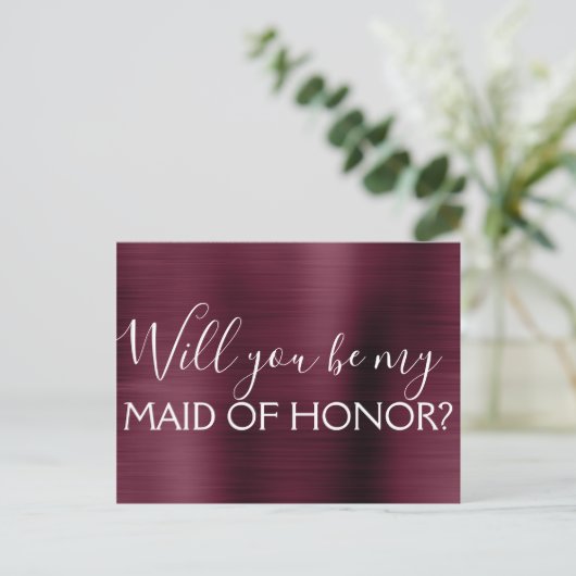 ブルゴーニュ紫エレガントとモダンメイド・オブ・オーナー(花嫁付き添い人) インビテーションポストカード (スタンド正面)