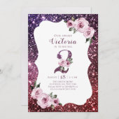 ブルゴーニュ紫グリッターとフローラ2歳の誕生日 招待状 (正面/裏面)