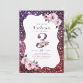 ブルゴーニュ紫グリッターとフローラ3歳の誕生日 招待状 (スタンド正面)