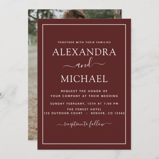 ブルゴーニュ結婚のロマンチックな写真招待状 招待状 (正面/裏面)