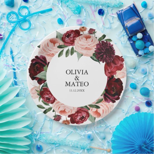 ブルゴーニュ結婚の花パーソナライズされた ペーパープレート (パーティー)