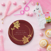 ブルゴーニュ結婚マルーン金ゴールドフローラリースレッド ペーパープレート (パーティー)