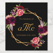 ブルゴーニュ結婚ーフローラブラックモノグラムイニシャル ワインラベル (シングルラベル)